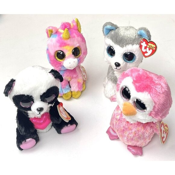 LOT 4 TY Beanie Boos CHILLZ Penguin CUTIE PIE Panda SLUSH Husky FANTASIA Unicorn - Picture 2 of 3